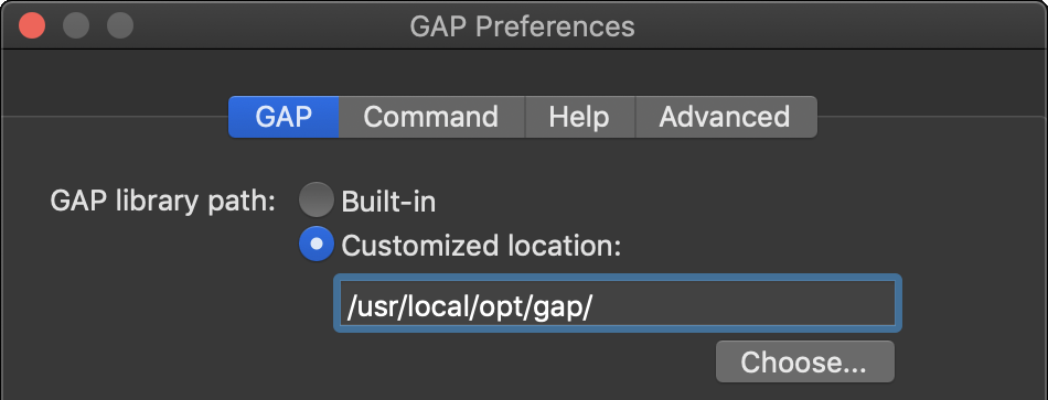 Screenshot: setting a custom GAP library location in Preferences